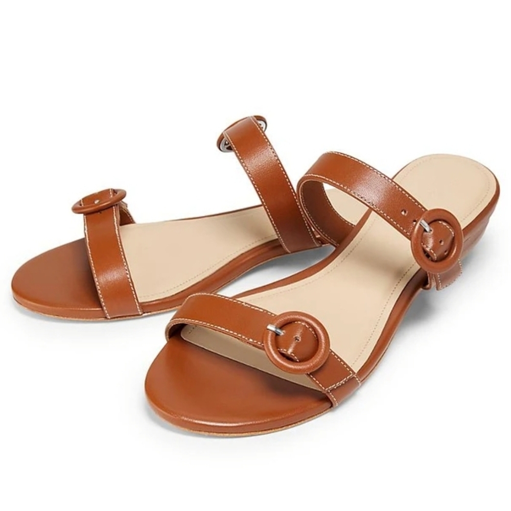 22élevé Double Buckle Leather Kitten Heel Sandals Size 36 / 6 NWT $255 Cognac